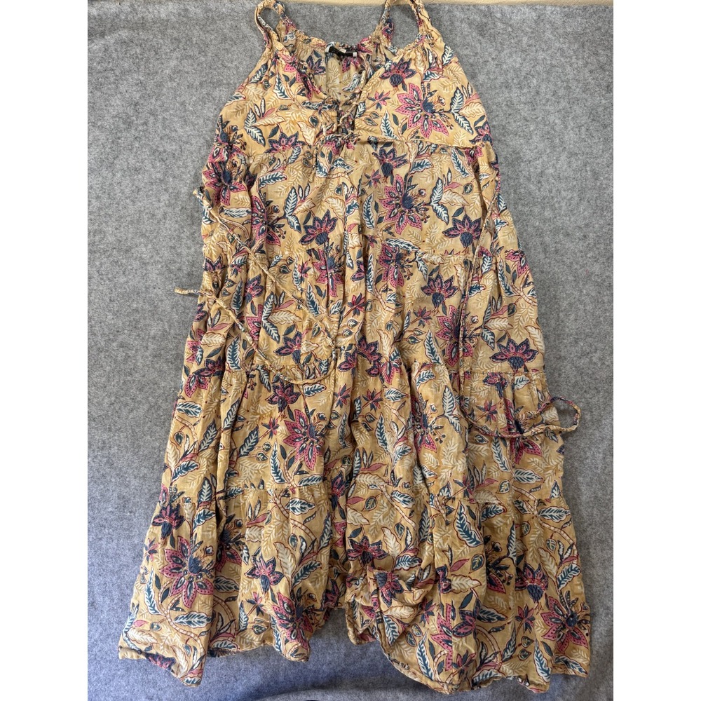 Lido World Floral Tiered Maxi Dress One Size Yellow Pink Boho Seam Rip